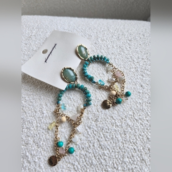 NEW! Free People, Stone Bead andCharm Dangle Earrings, Gold/Turqoise- NWT! - Picture 5 of 6